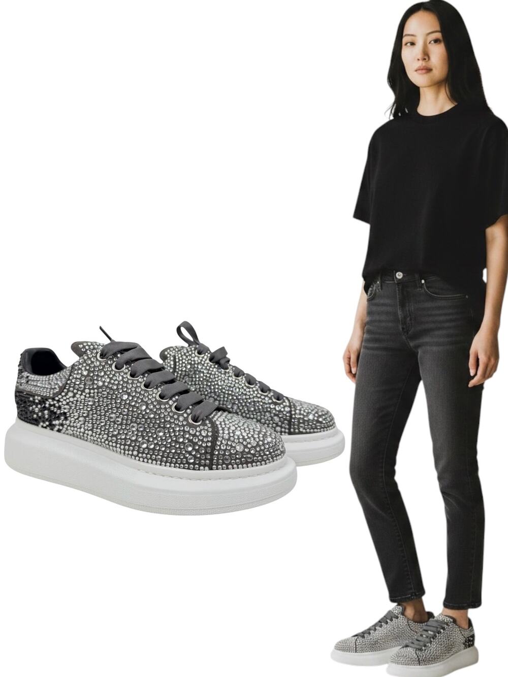 Alexander Mcqueen Crystal Embellished Oversized Sneakers Gray Size 37
